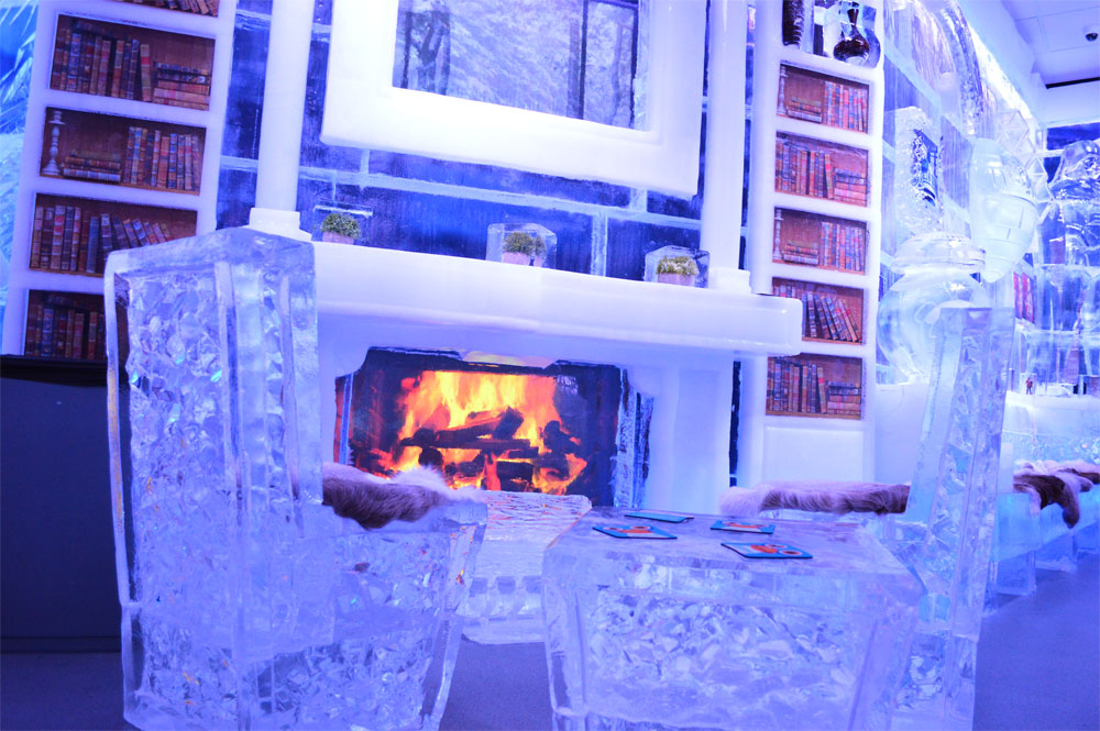 Minus5 Ice Experience lounge with ice furniture and fireplace