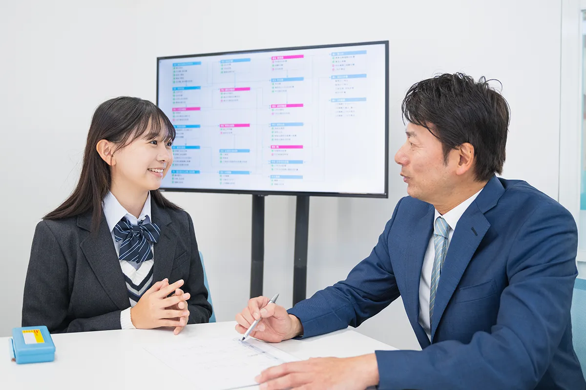 面談室で先生と生徒が相談している様子の写真