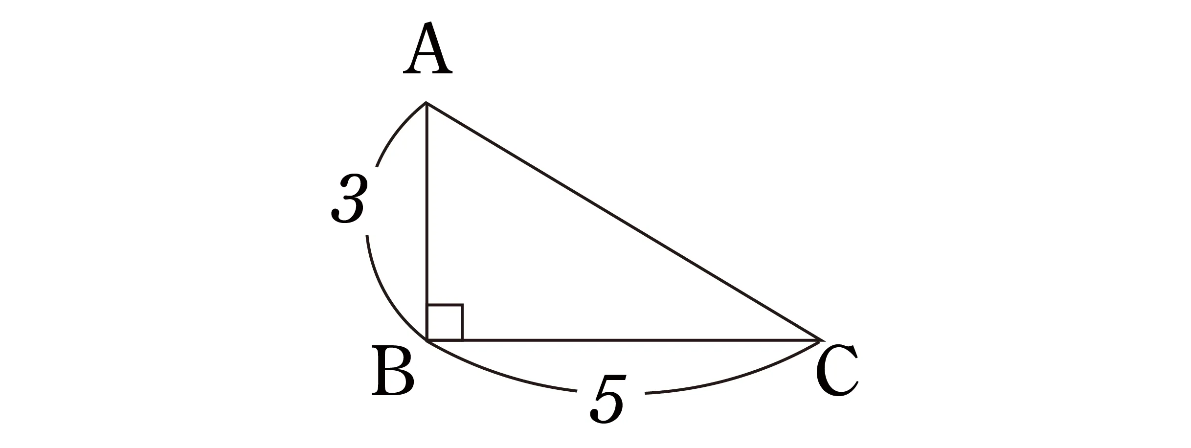 直角三角形ABCの図。辺ACが斜辺。辺AB=3、辺BC=5