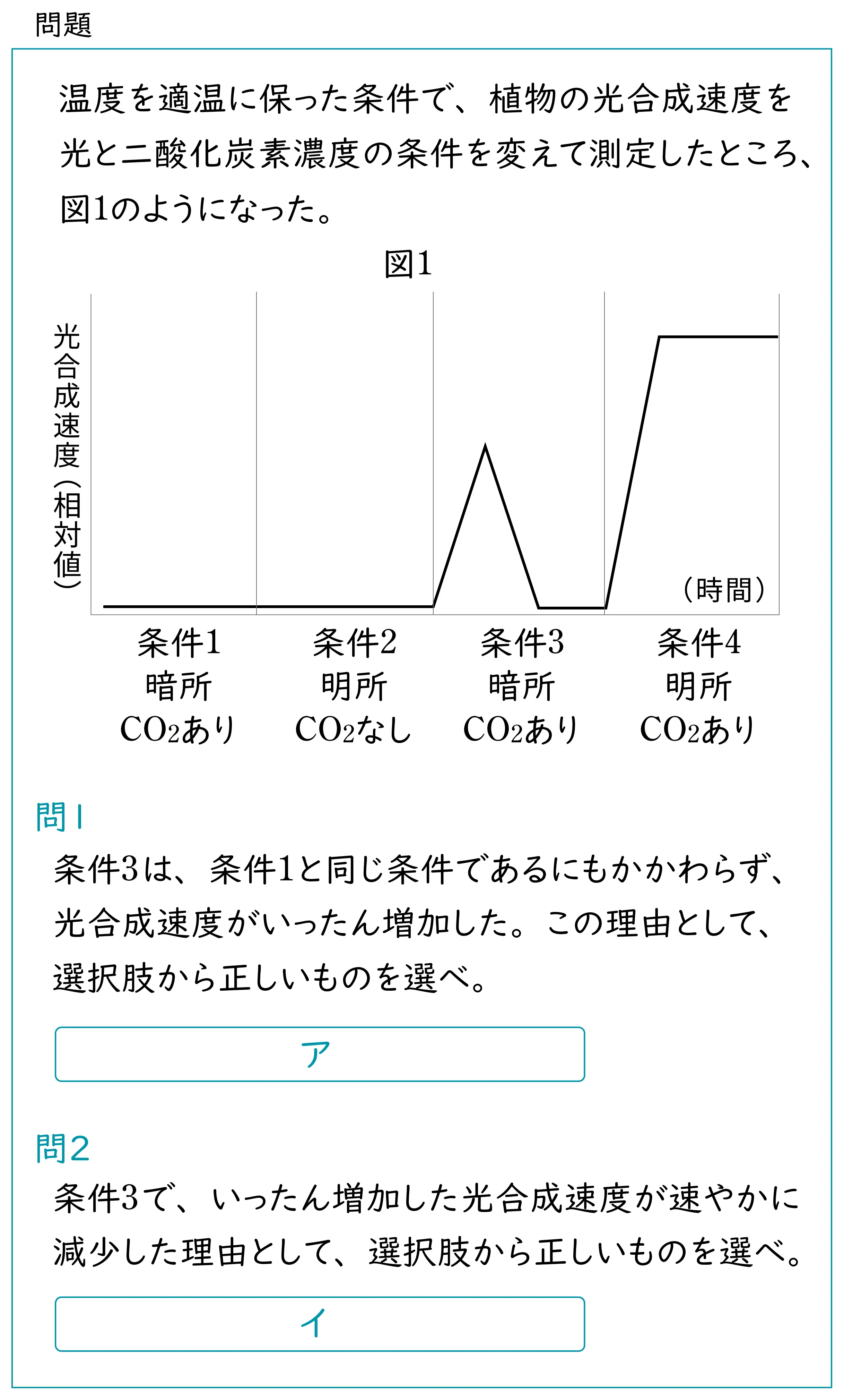 「光合成のしくみに関する考察」単元の問題のスクリーンショット。実験結果に関する考察問題が出題されている。