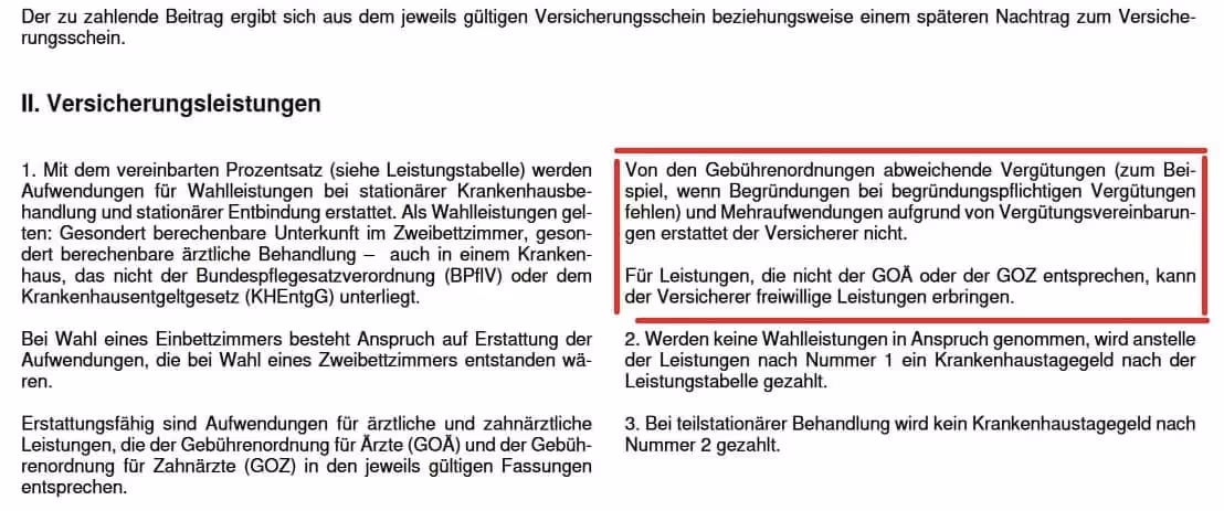 Auszug aus den Versicherungsbedingungen der Debeka PKV