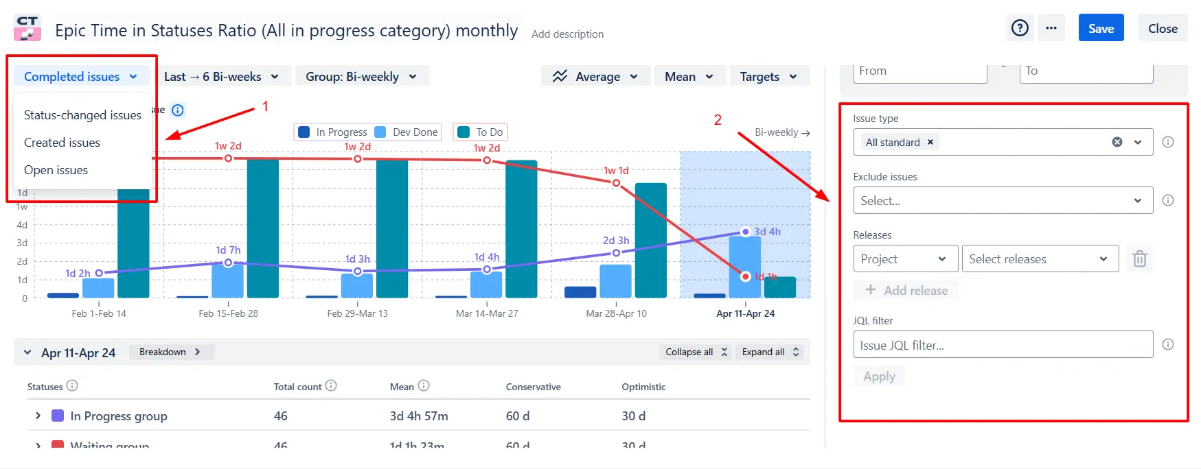 Issues selection in the Epic Time in Status report example