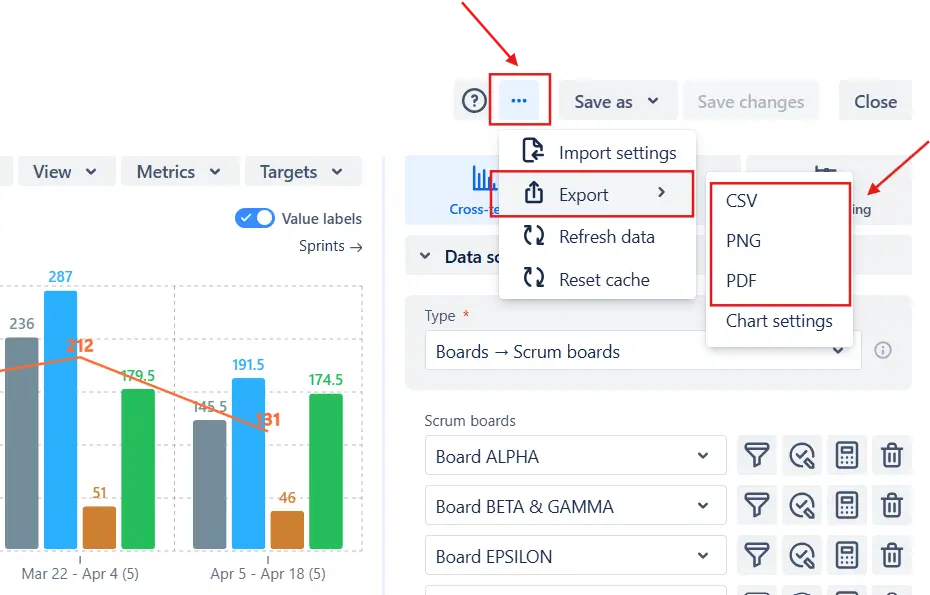 Export settings in the Planned vs actual report
