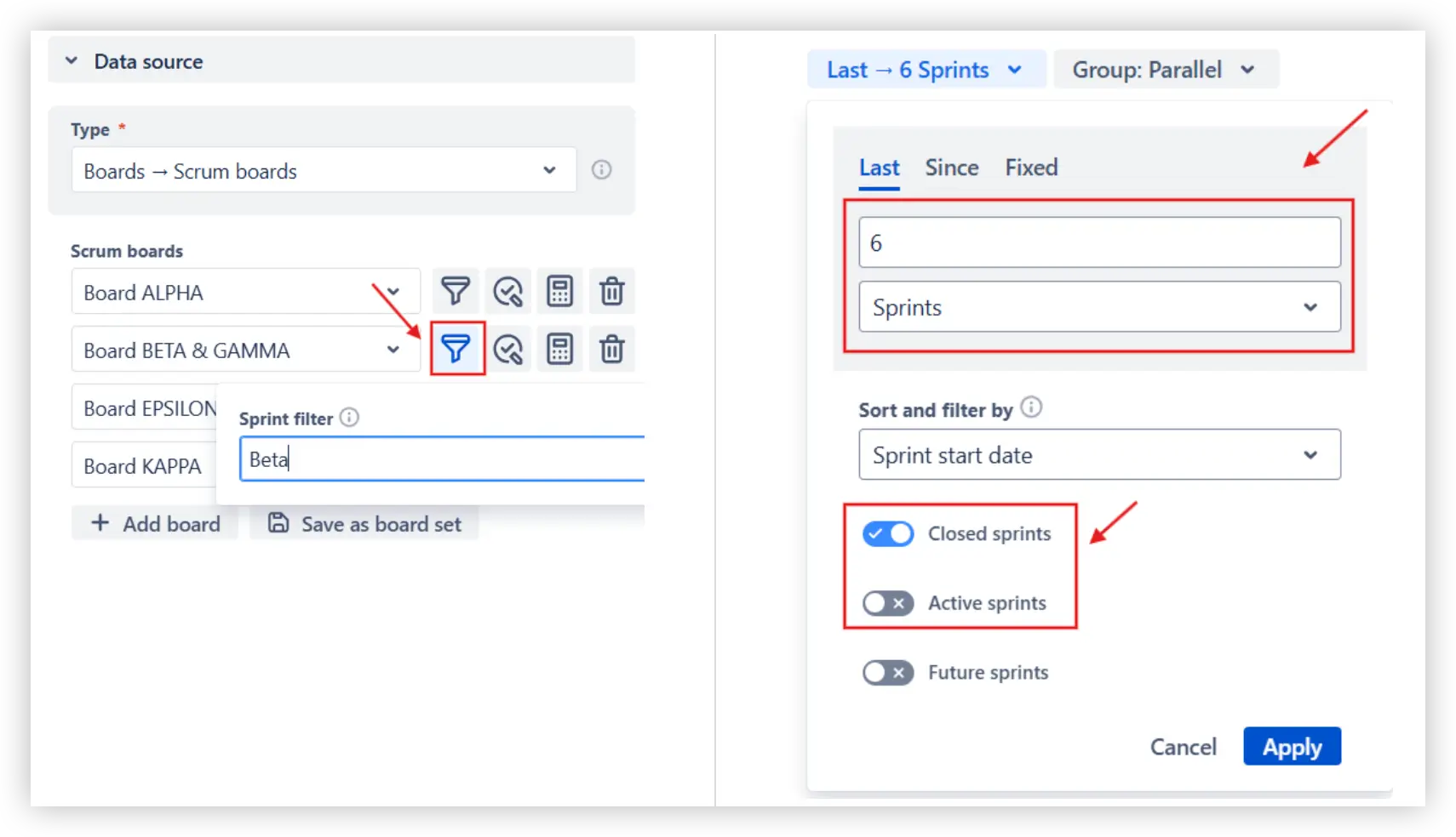 Sprint filter and Interval configuration in the Epic progress report