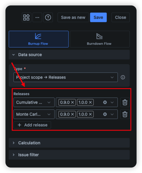 Release data source selection in the Release cumulative flow diagram in Jira