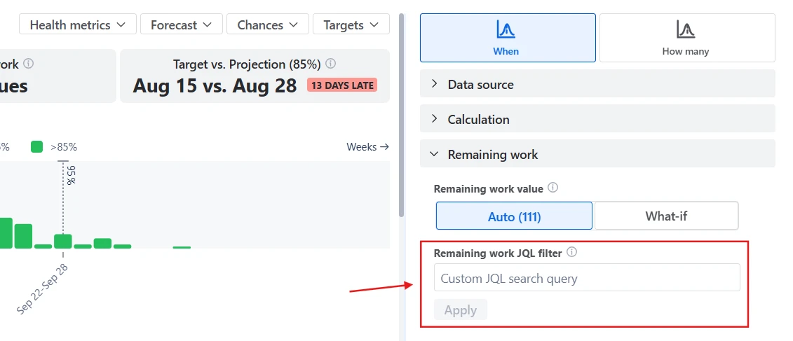Remaining work JQL filter in the Kanban Monte Carlo simulations chart