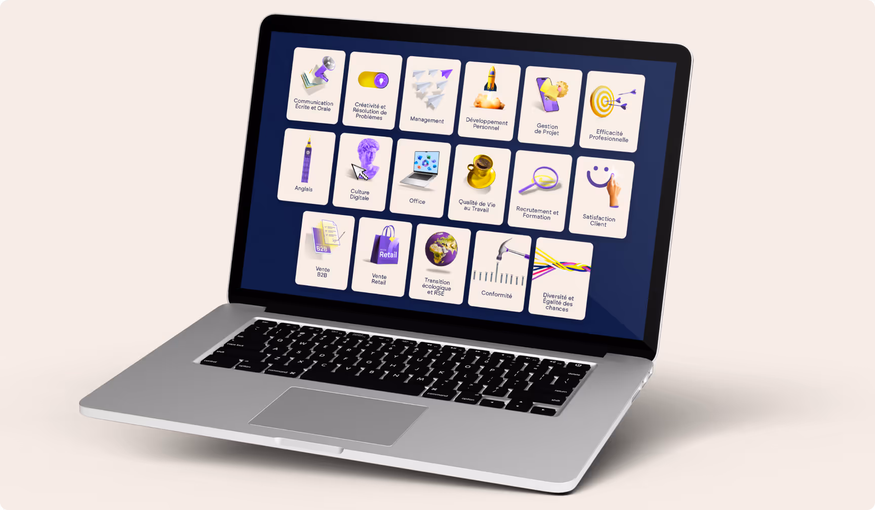 Catalogue de formations e-learning XOS sur un ordinateur portable, avec des thématiques adaptées au secteur public comme la qualité de vie au travail, la conformité, le management ou encore la diversité