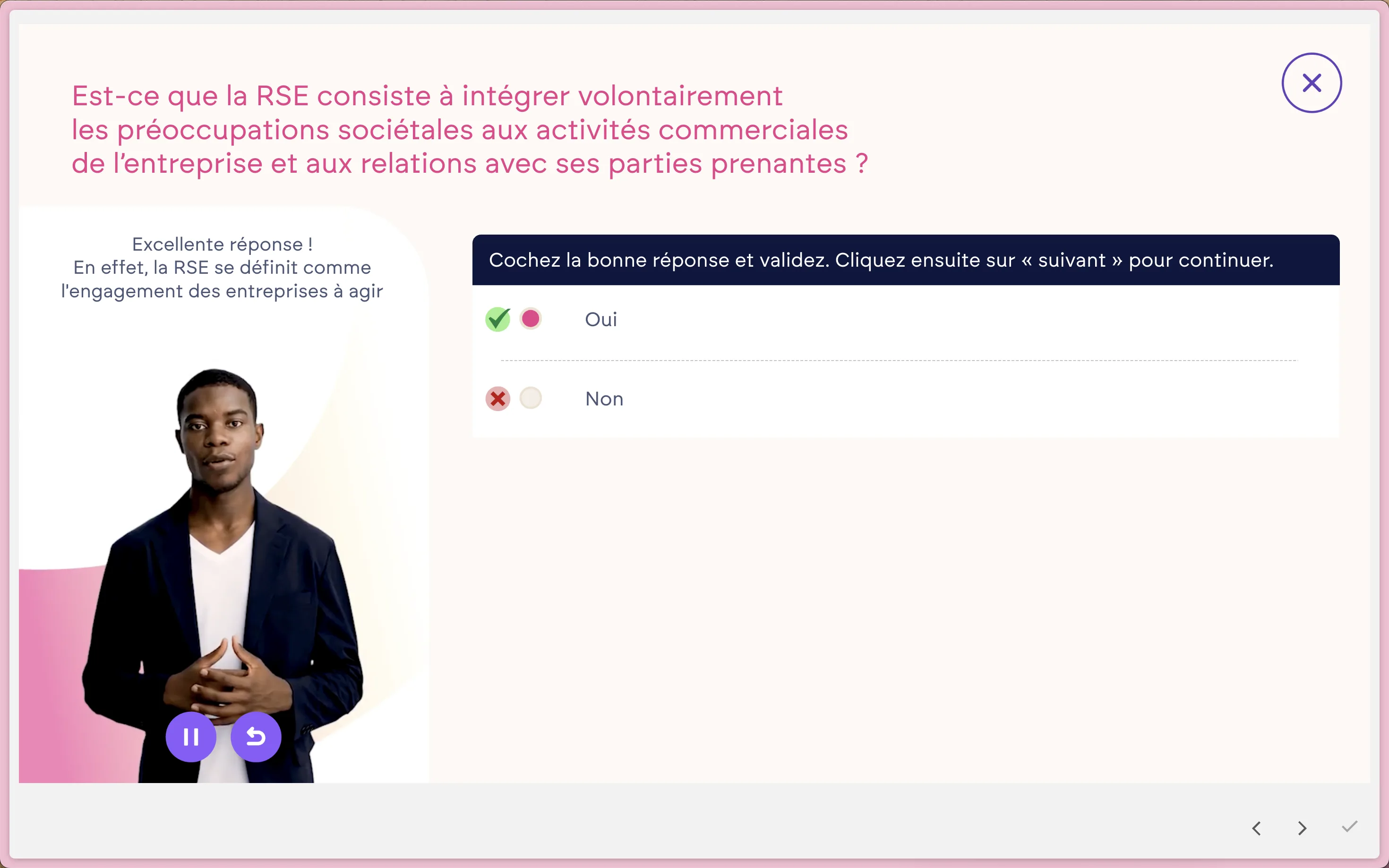 Capture d'écran épurée de la plateforme e-learning montrant un tableau de bord de progression d'équipe sur un module RSE