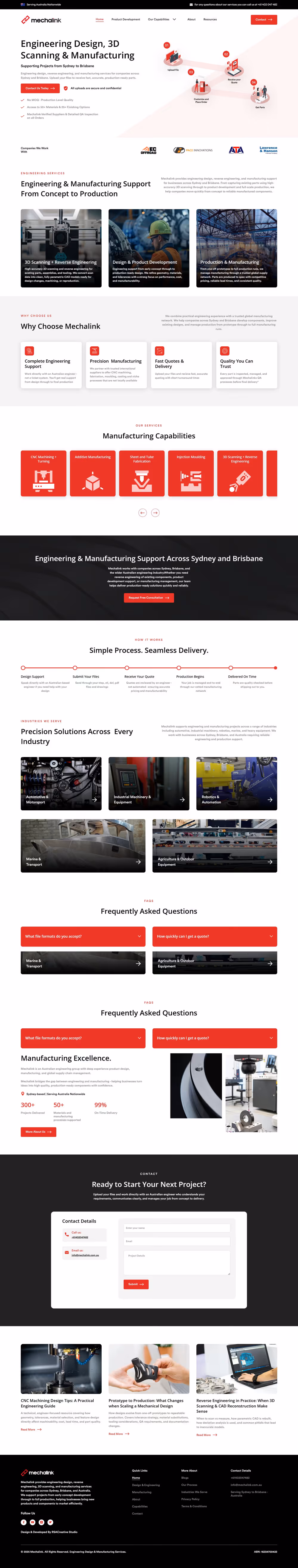 Engineering and manufacturing services website design for 3D scanning and production firm by RSA Creative Studio