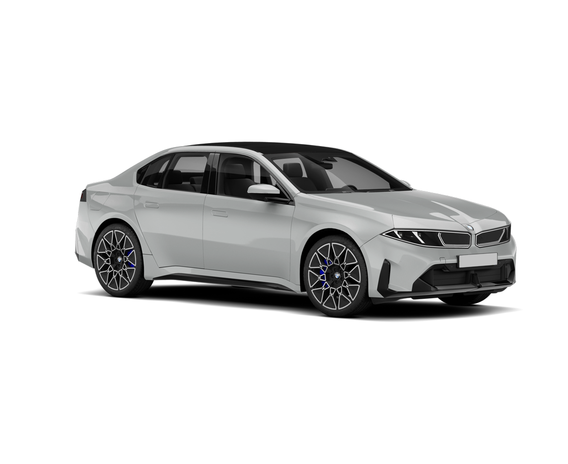Seitenansicht eines modernen silbernen BMW-Autos mit schwarzen Felgen und Dach.