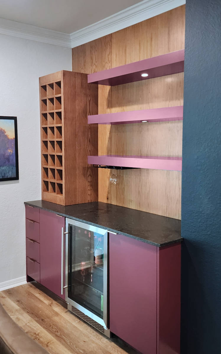 Custom bar with floating shelves.