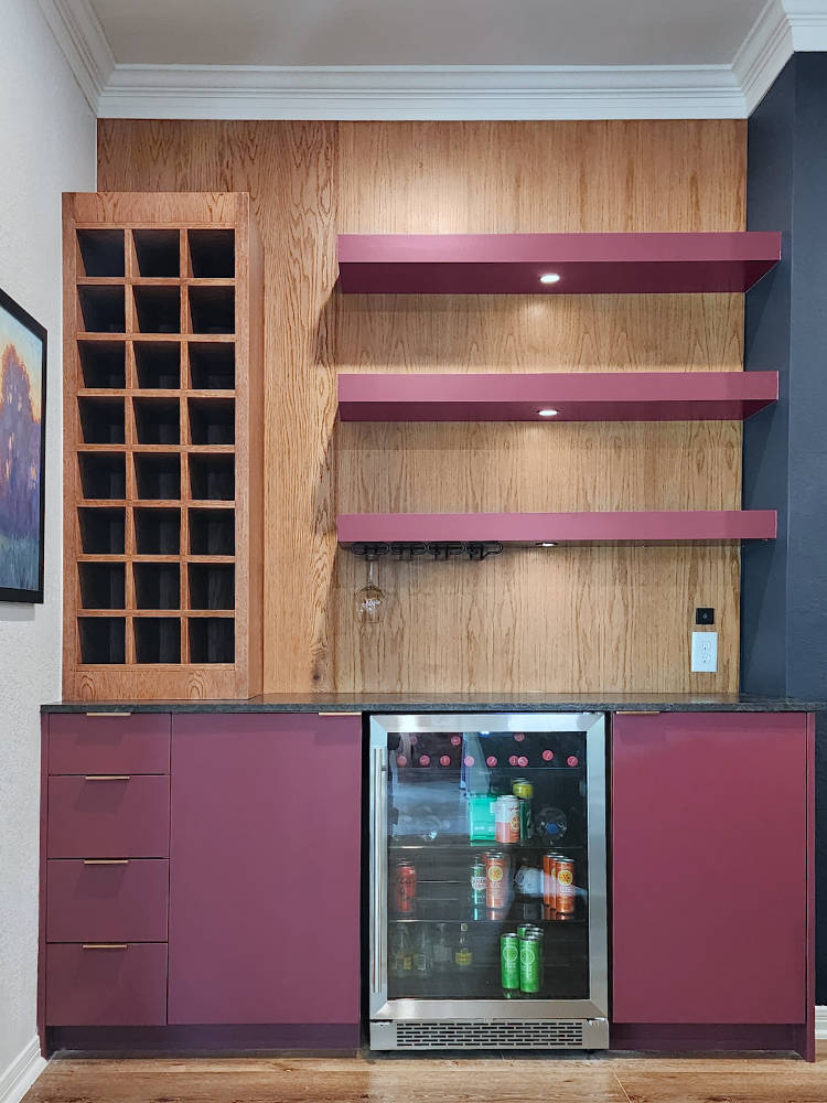 Custom bar with floating shelves.