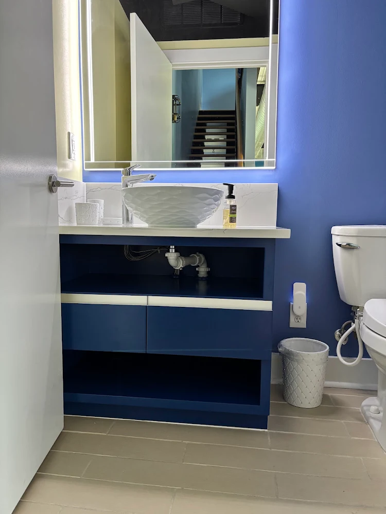 Modern European cabinets with vessel sinks.