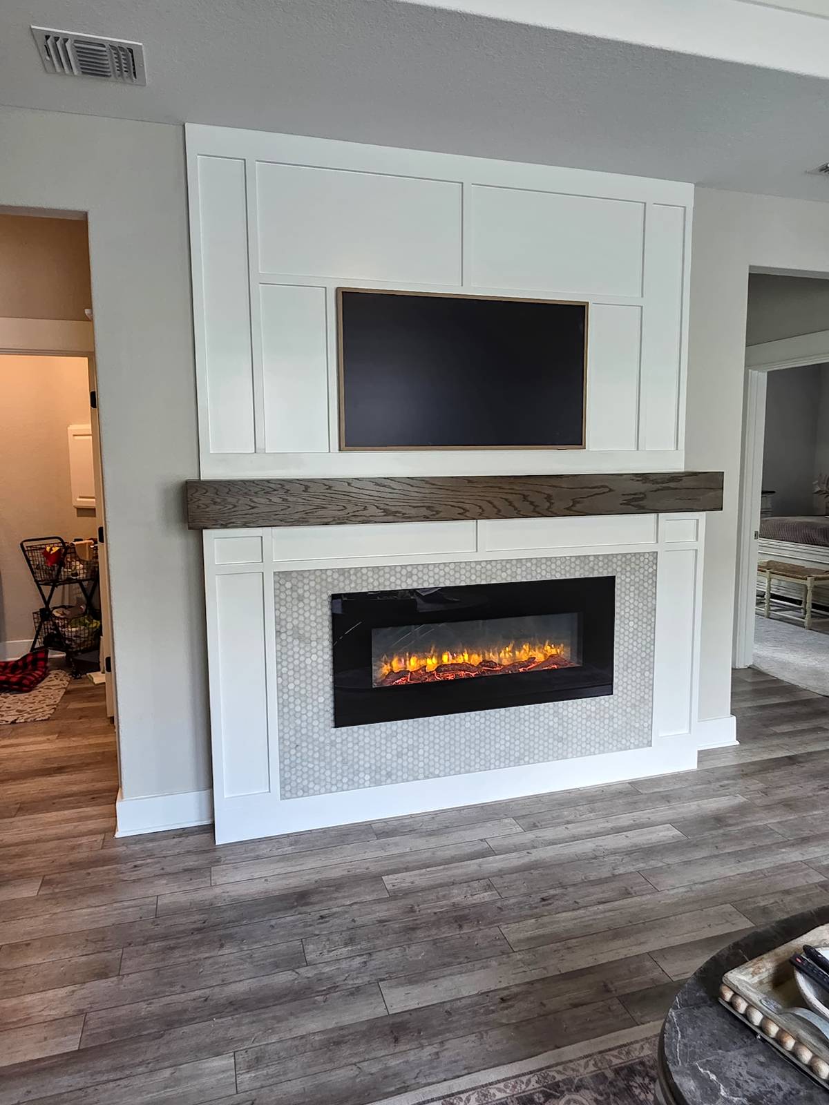 Custom fireplace with mantle.