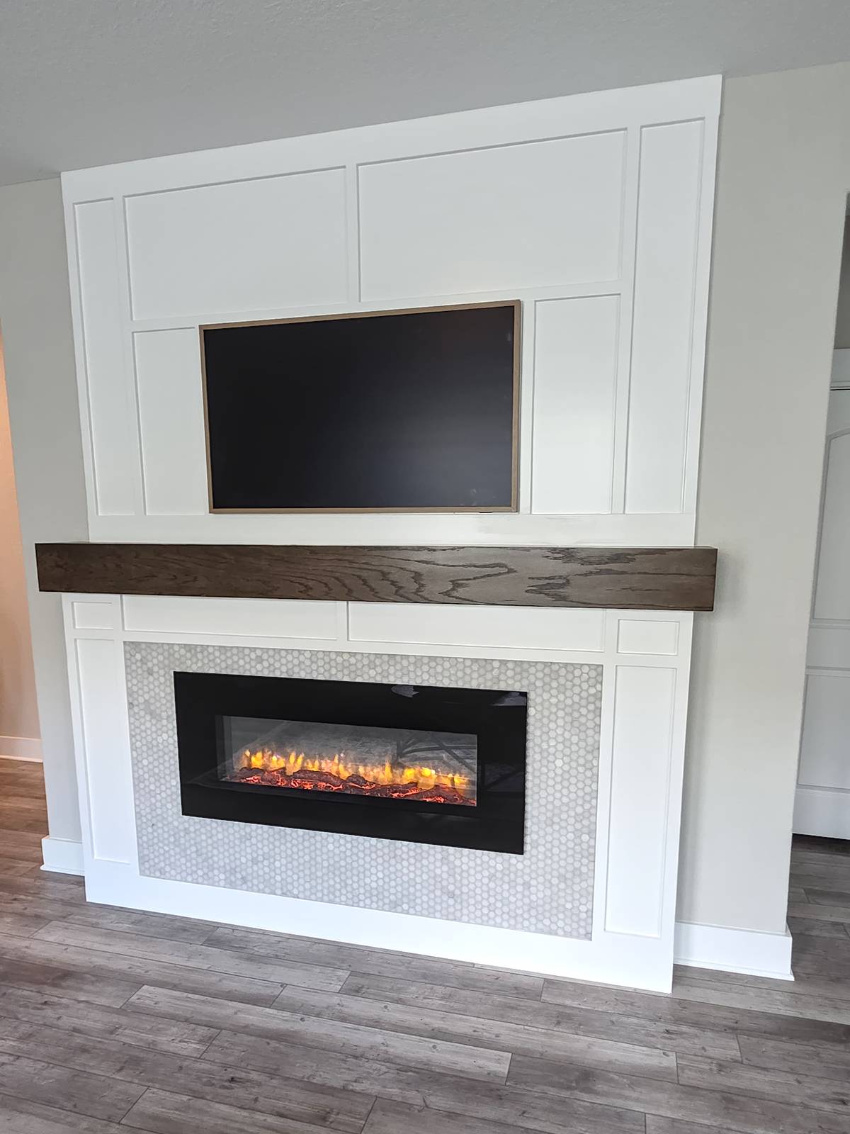 Custom fireplace with mantle.