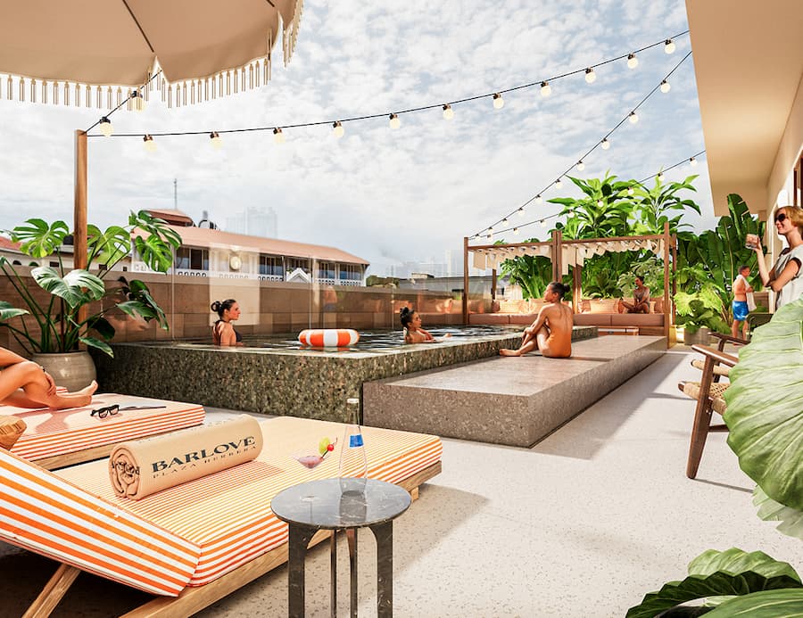 rooftop social area in Casco Antiguo Panama with lounge seating jacuzzi and urban lifestyle setting
