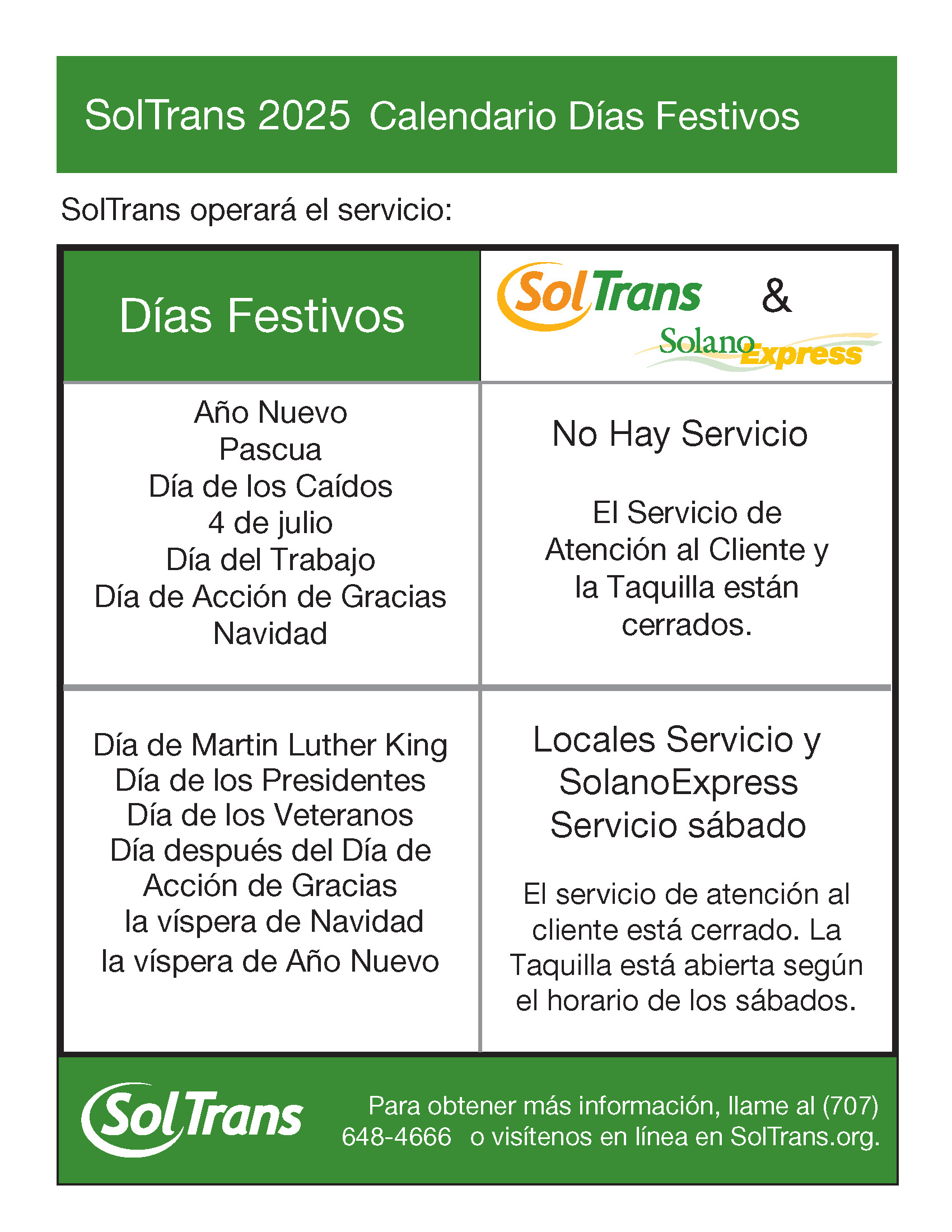 SolTrans 2025 Calendario Días Festivos - Haga clic para descargar PDF