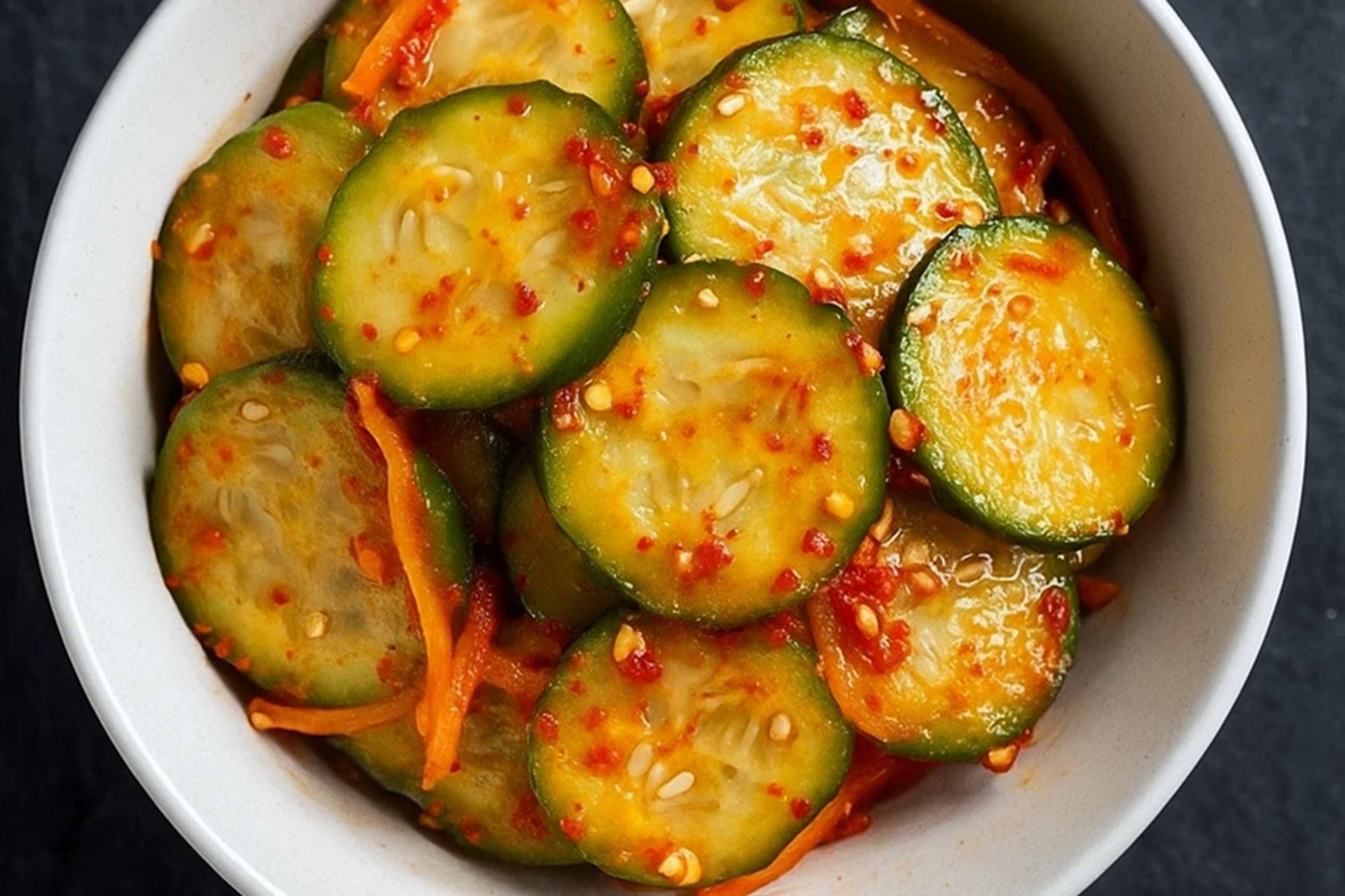 A bowl of Korean cucumber salad (Oi Muchim) with sliced cucumbers, red chili flakes, and shredded carrots.