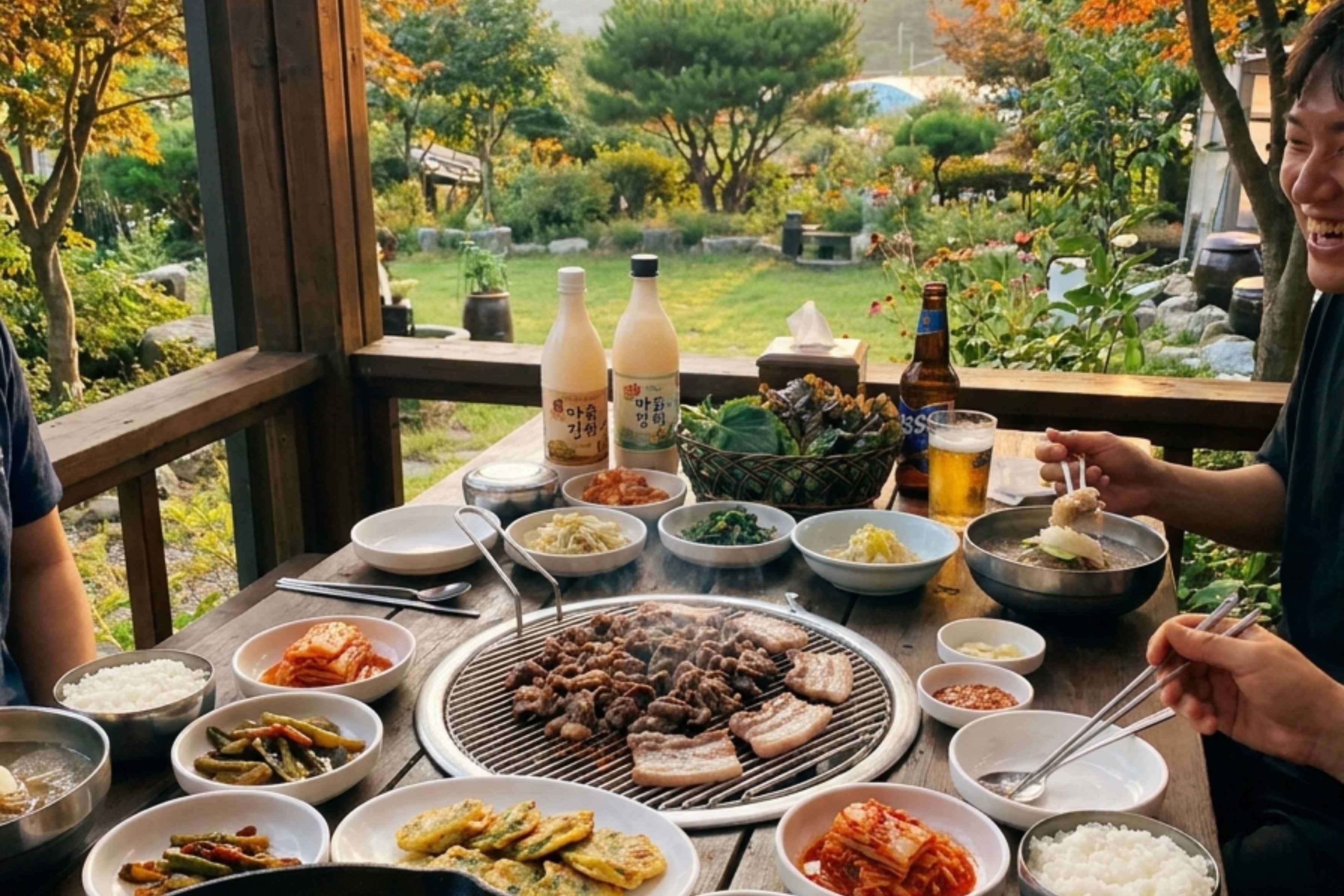 A Korean summer table combining grilled meat, chicken, banchan, rice, cold noodles and chilled drinks.