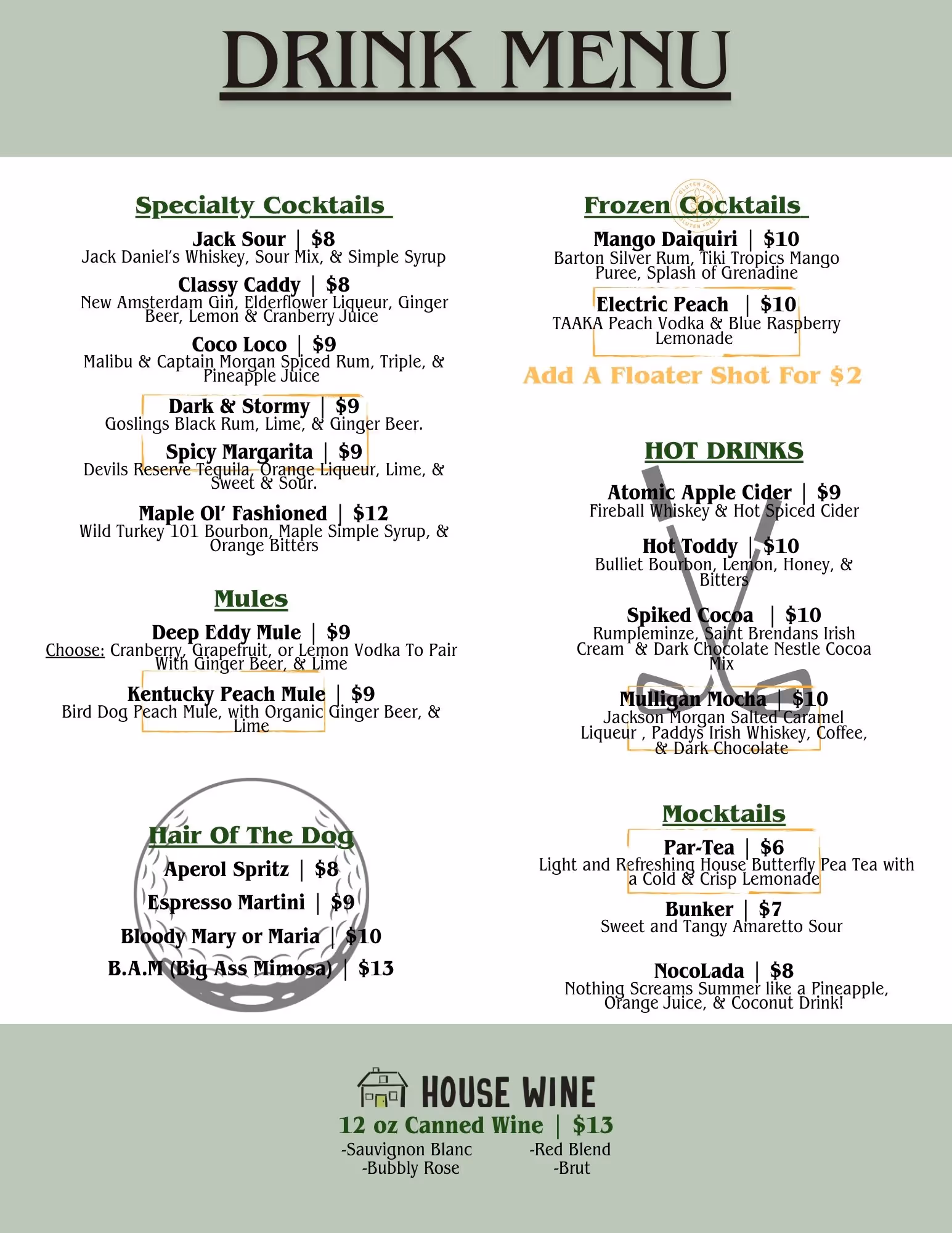 Old Town Putt drink menu page 1