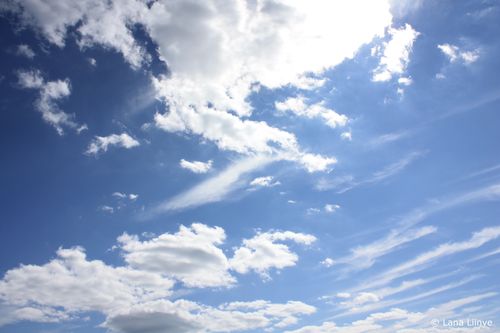 A photo of a bright, blue sky on a sunny day with scattered streaky and fluffy white clouds