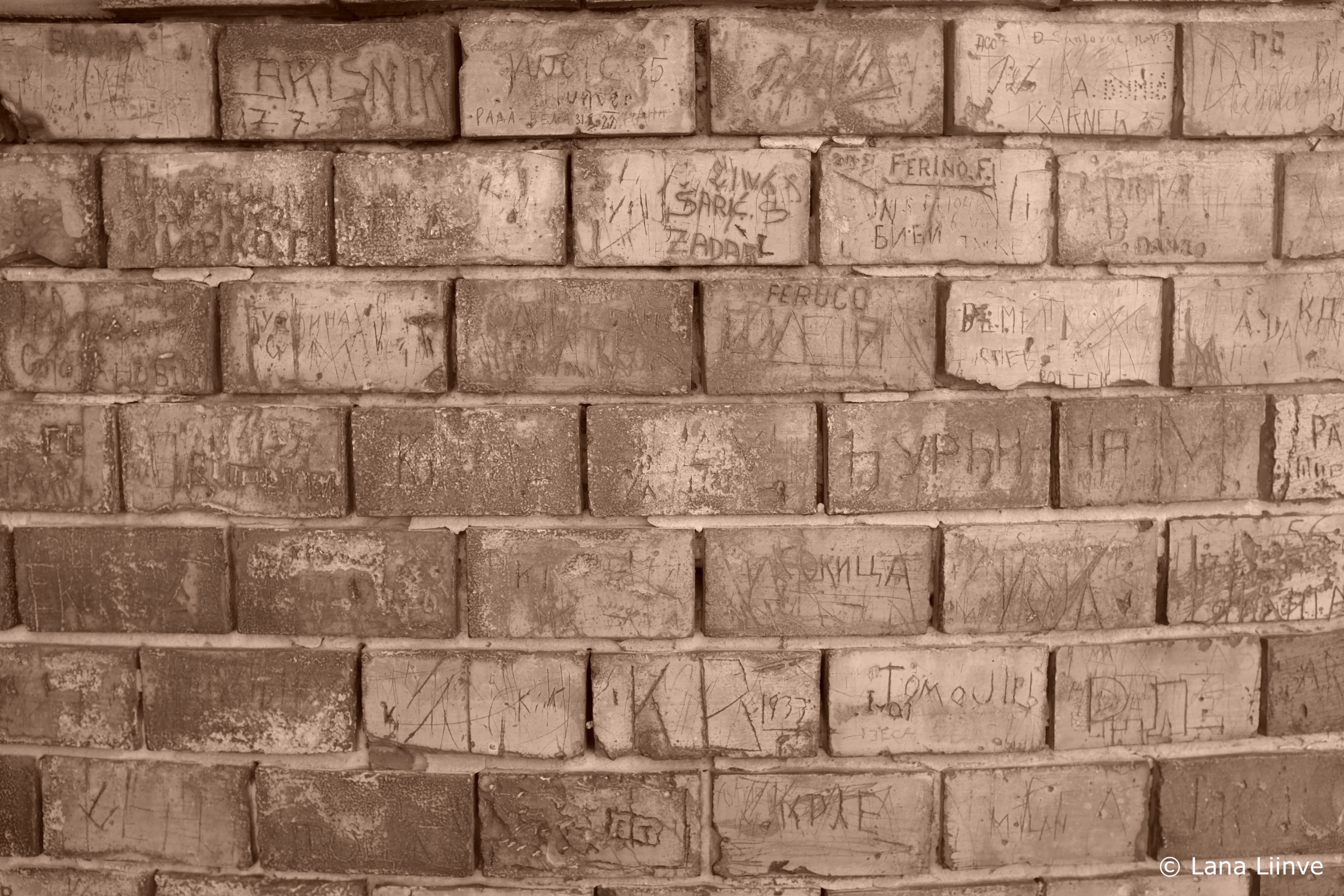 A sepia-colored photo of a brick wall with many names carved into the bricks
