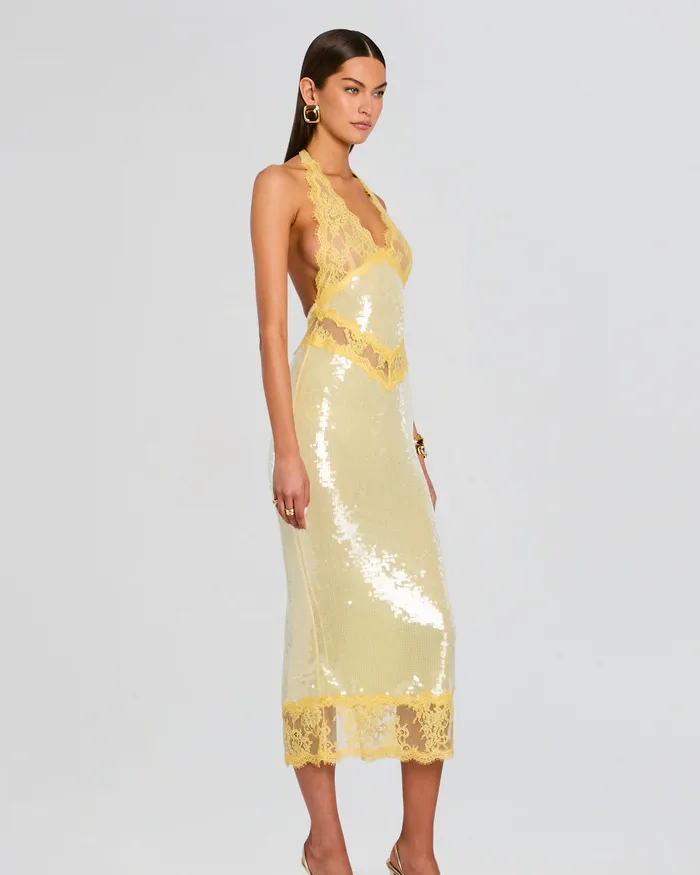 Retrof&ecirc;te Vicky sequin and lace halter midi dress in yellow