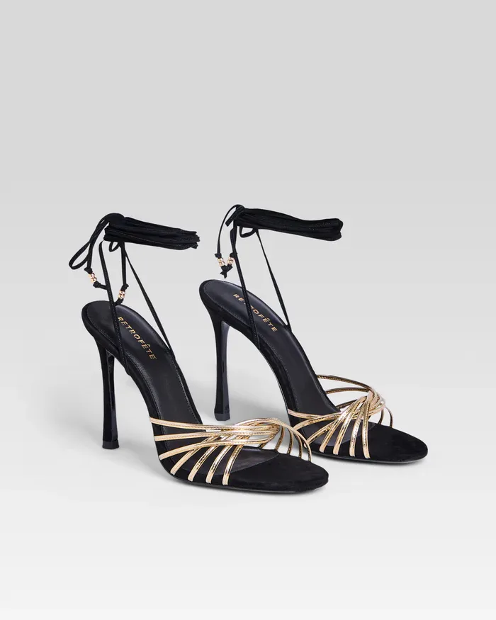 Retrof&ecirc;te Lucio heels in black suede with gold metallic straps