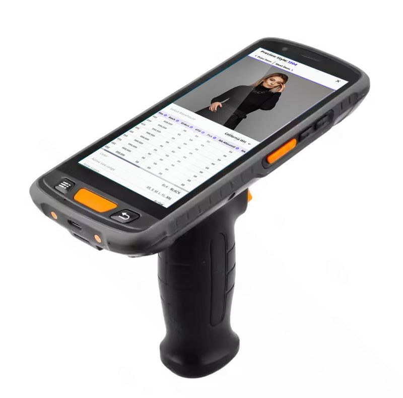 AIMS360 Runway running on a rugged handheld barcode scanner with a pistol grip holster that carries a second battery, showing an apparel style with its product photo and a style, color and size quantity grid