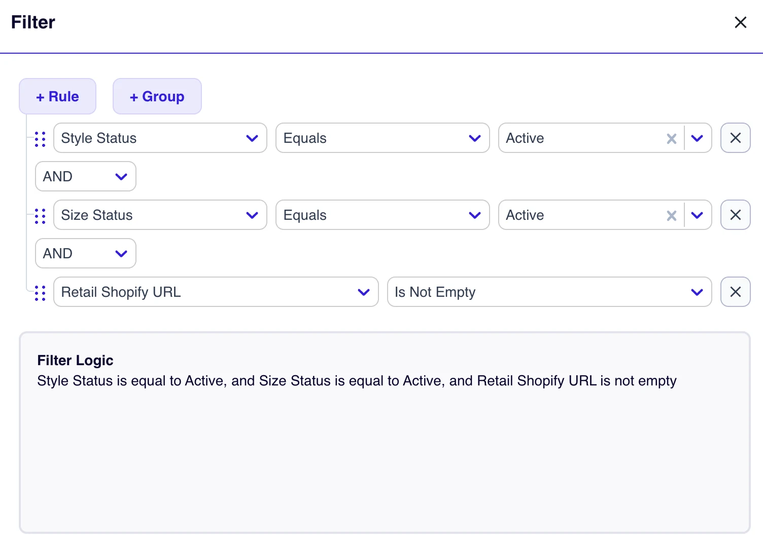 AIMS360 Runway filter builder with rules and groups, AND logic and a plain English filter logic summary