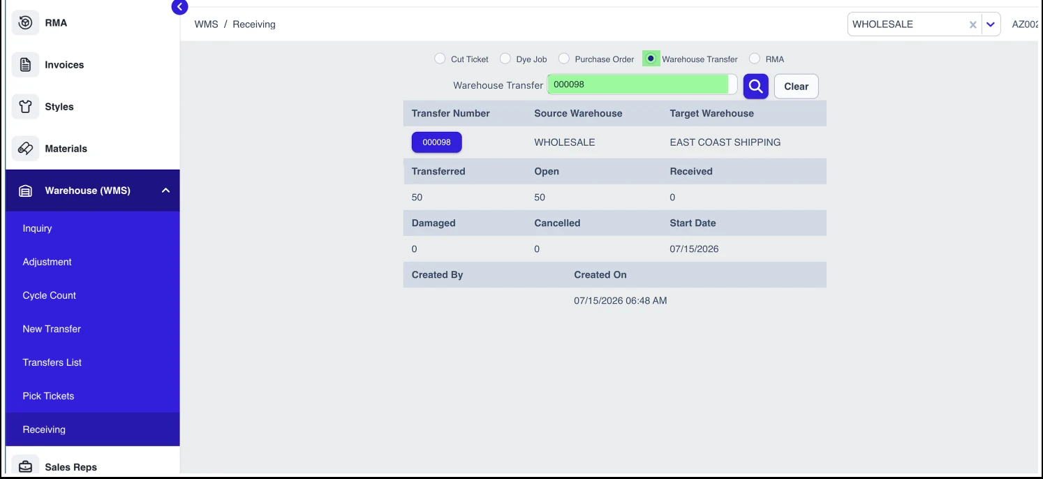 AIMS360 Runway warehouse receiving screen with the WMS menu (inquiry, adjustment, cycle count, transfers, pick tickets, receiving) and a receipt being recorded against a cut ticket, purchase order, transfer or RMA