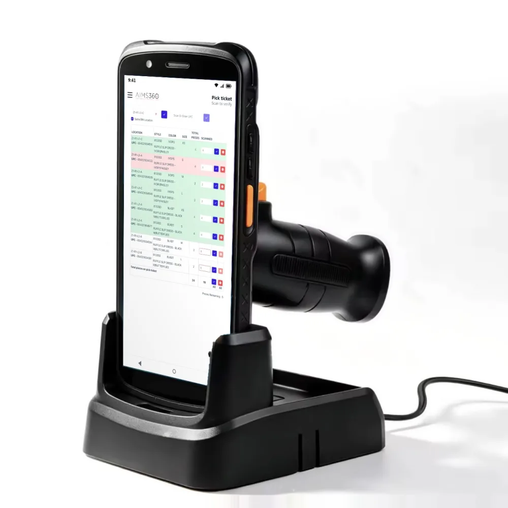 AIMS360 Runway scan to verify pick ticket on a rugged handheld barcode scanner with a pistol grip, standing in its charging cradle