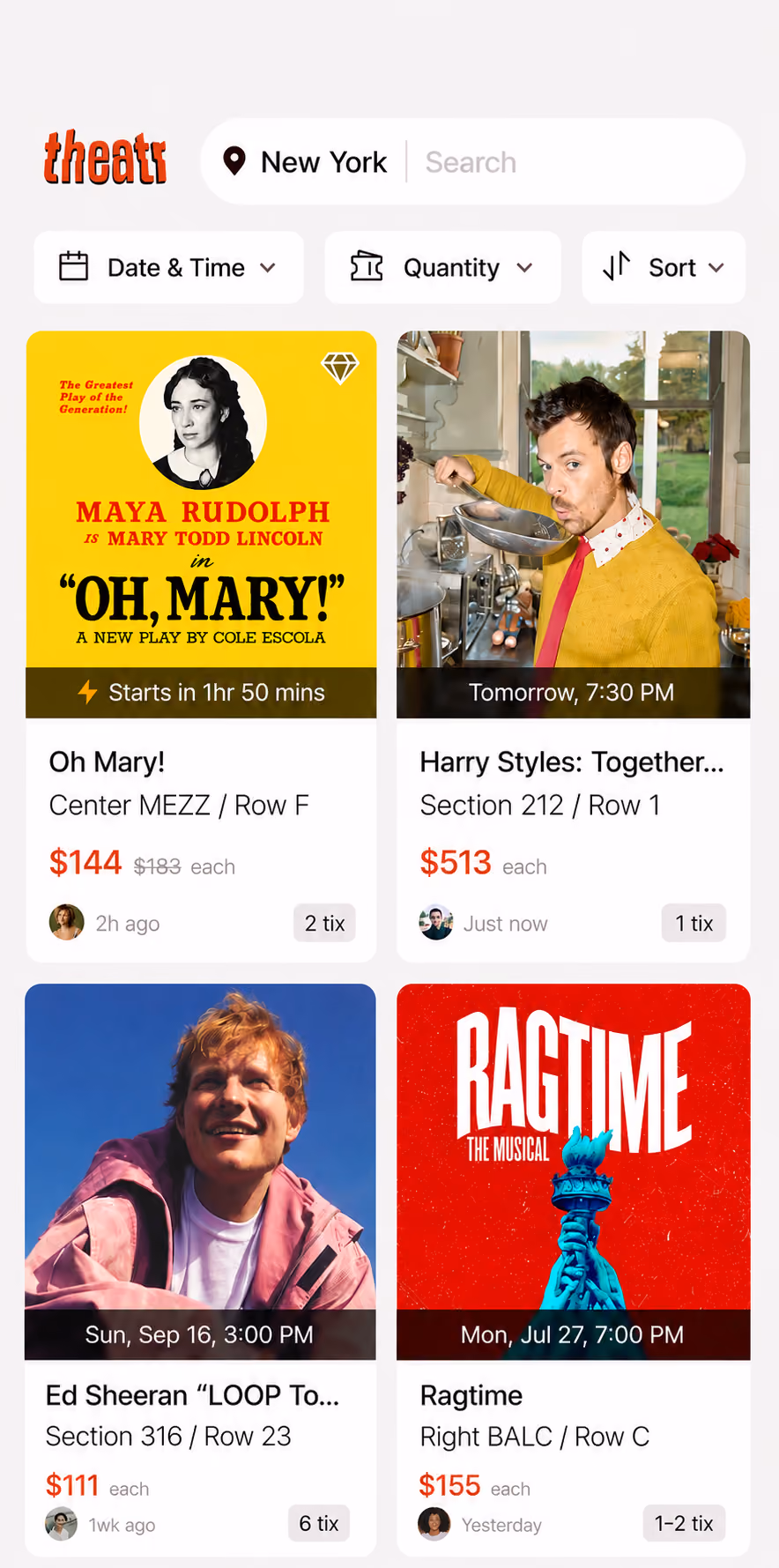 Theatr app marketplace showing last-minute Broadway and concert ticket listings in New York City