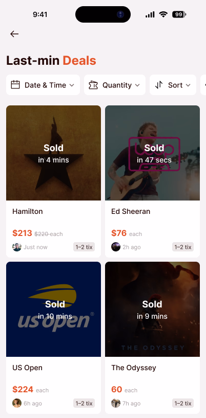 Theatr app marketplace showing tickets that sold within minutes