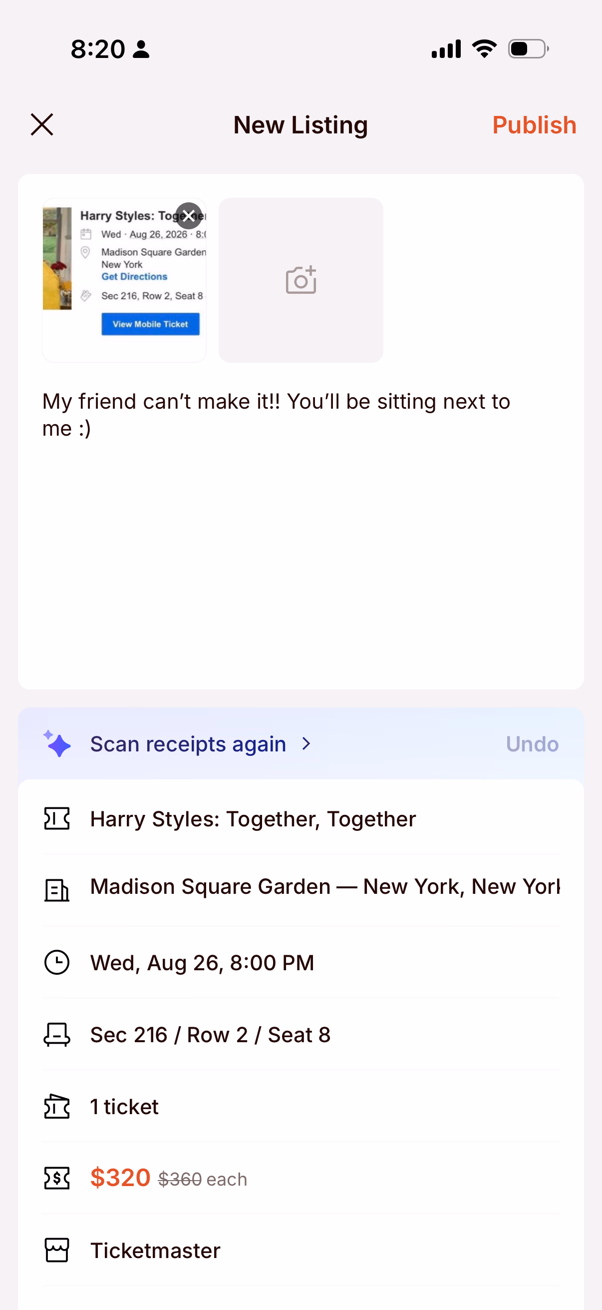 Harry Styles concert ticket listing with seat details in the Theatr app