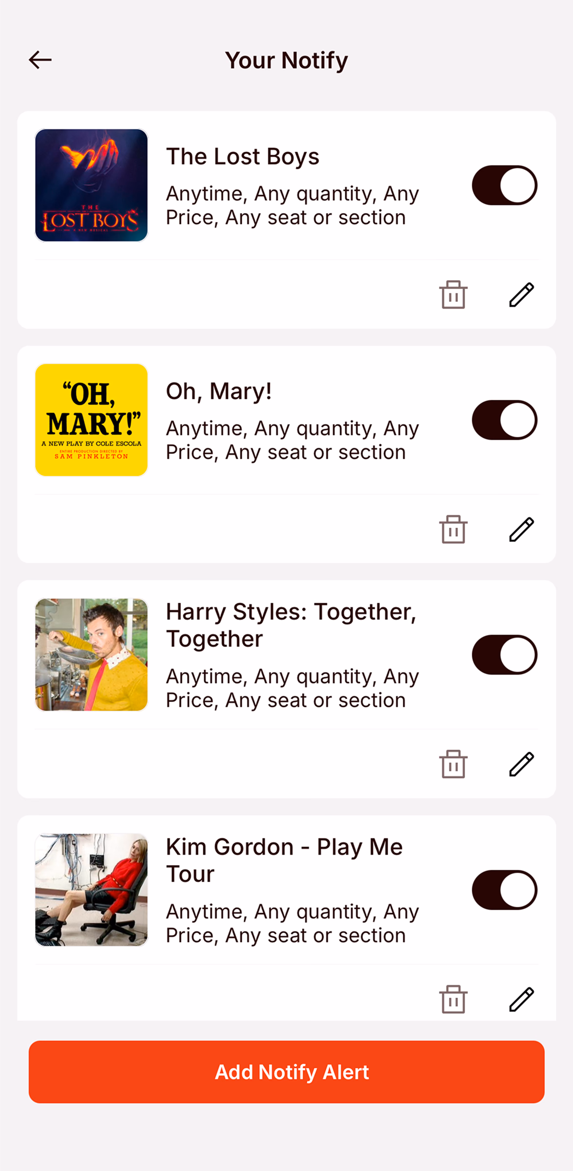 Theatr app screen showing custom ticket alerts for upcoming events