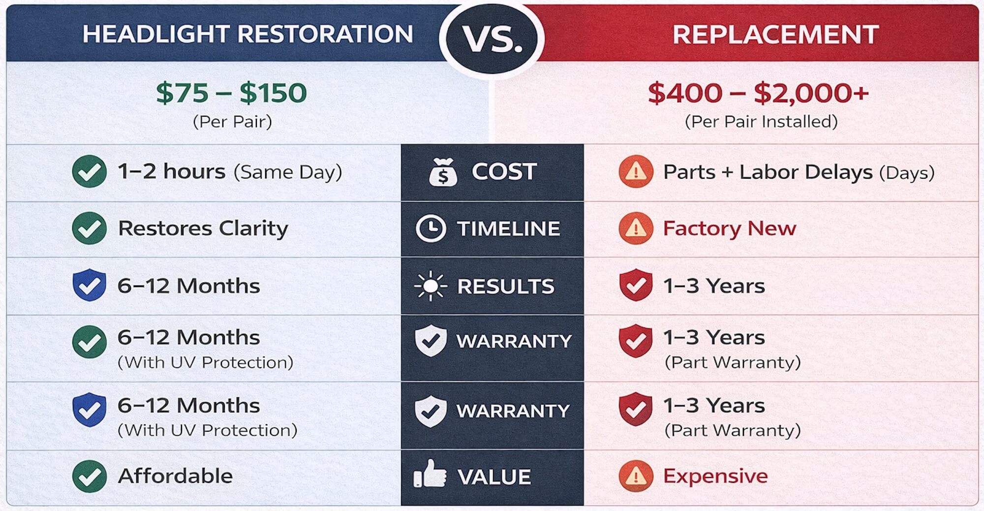 Headlight restoration vs replacement comparison showing cost and benefits