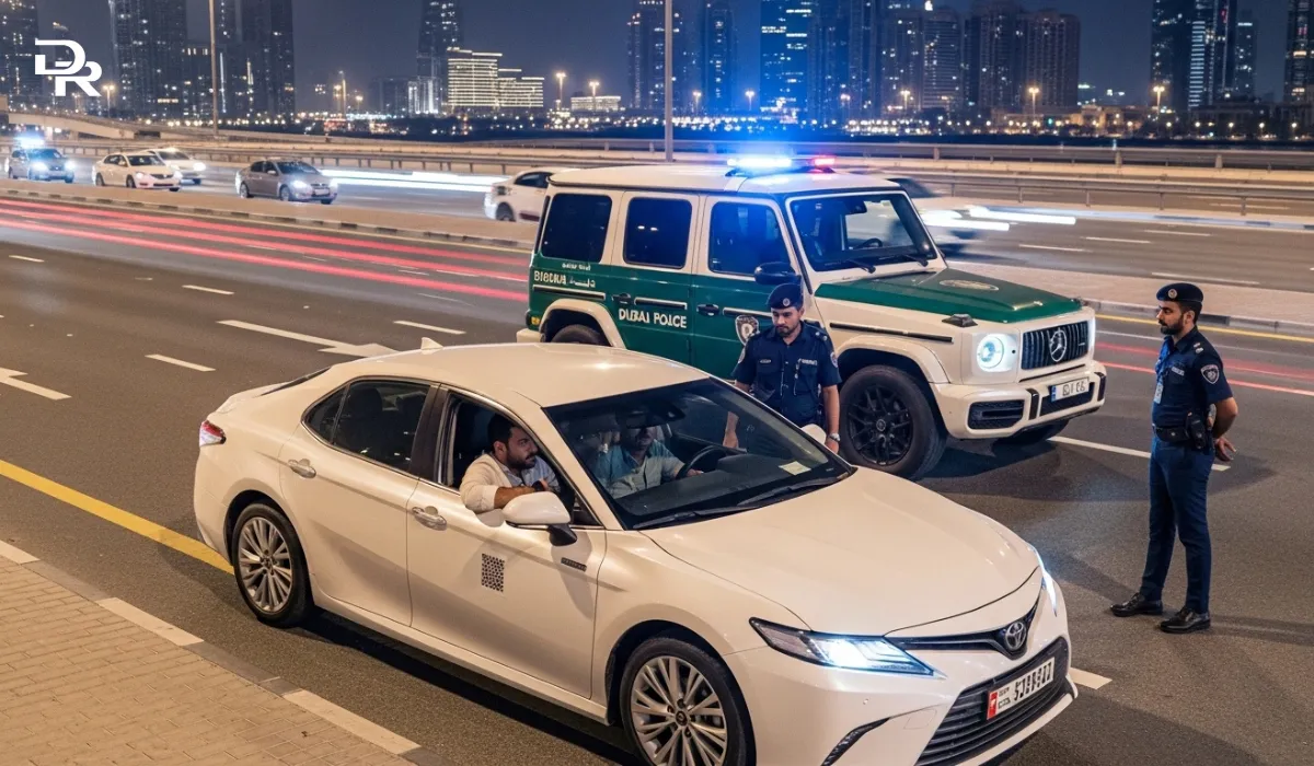 A police checking documents of traveller driving rental car in Dubai