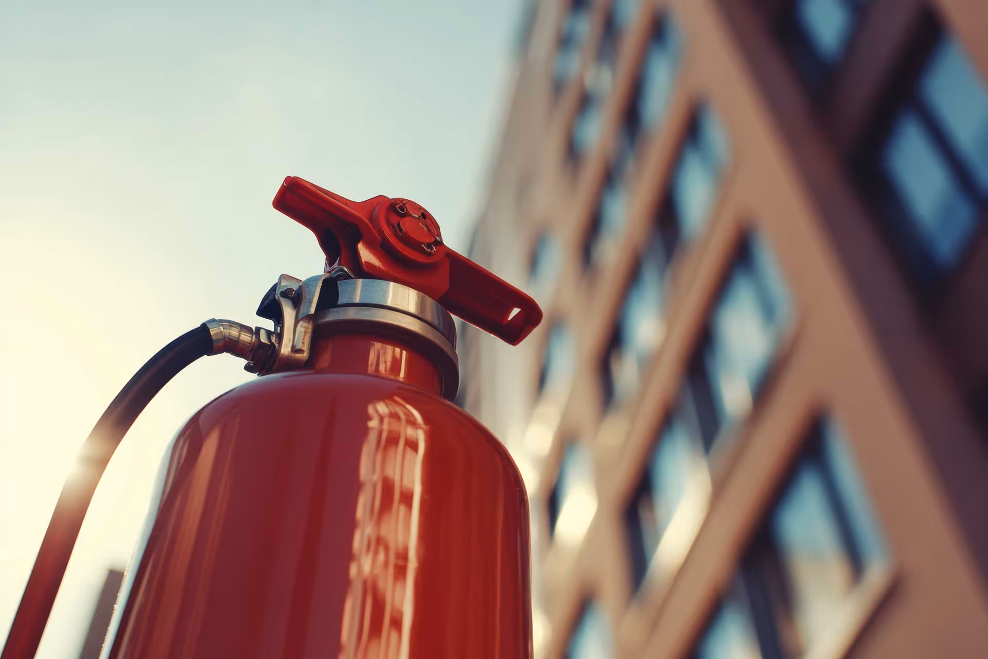 A red fire extinguisher with a focus knob is positioned in front of a building.