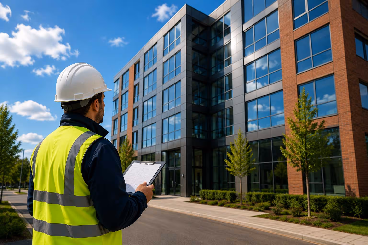 A construction worker in a safety vest and helmet examines a modern building with a clipboard.