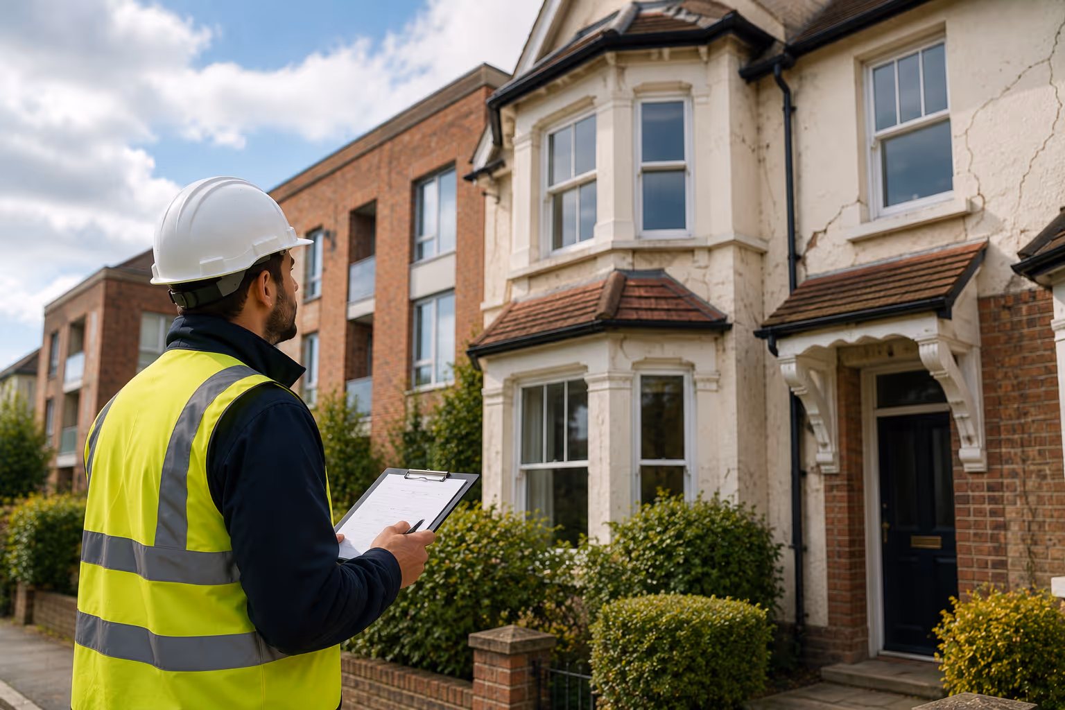 A construction worker in a safety vest and helmet inspects a residential house with a clipboard.