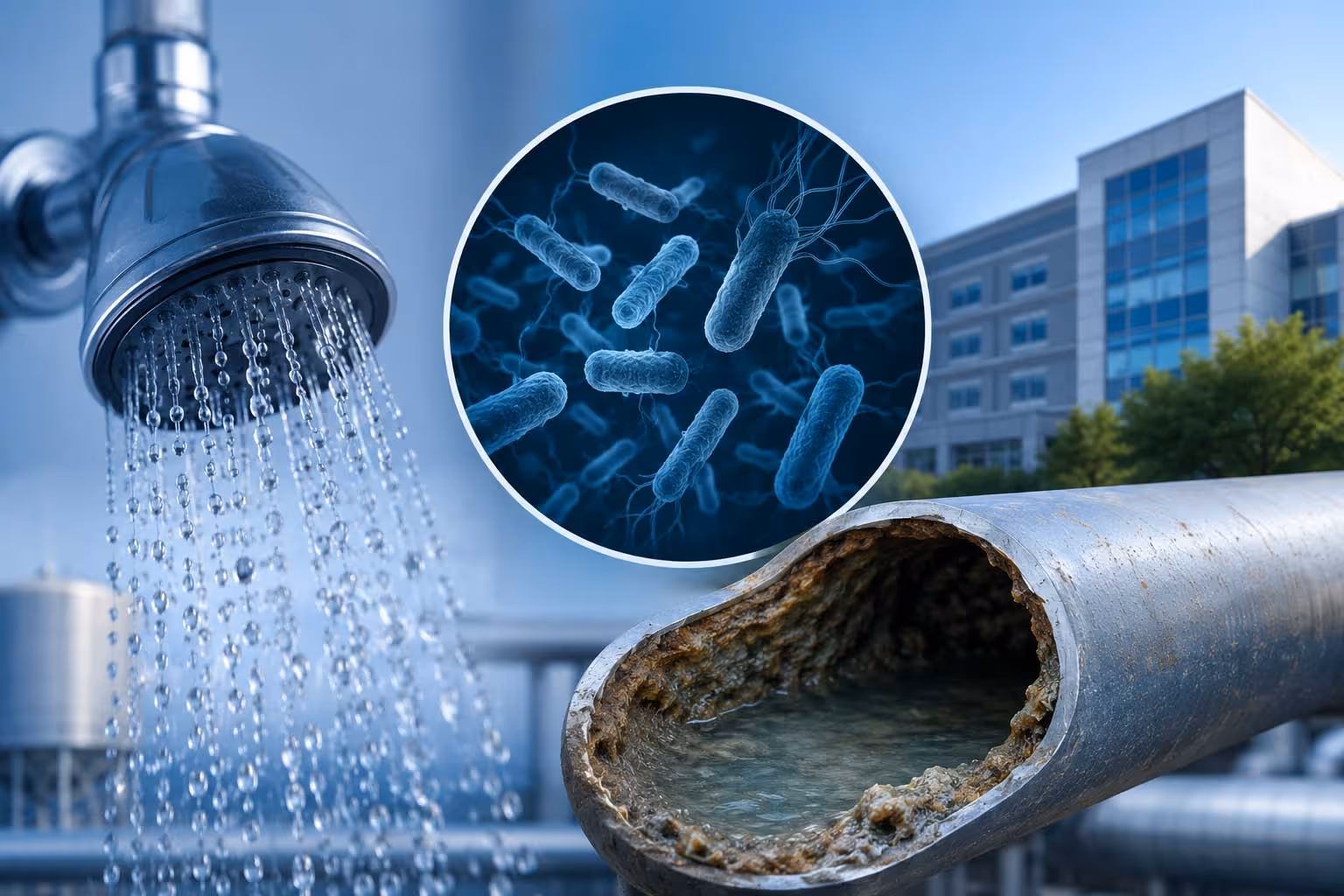 A showerhead with running water, bacteria illustration, and a cross-section of a rusty pipe are shown.