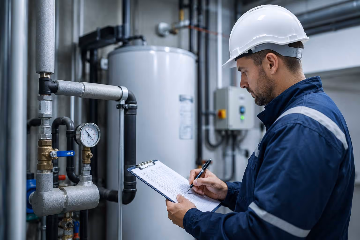 A person wearing a hard hat examines machinery and takes notes on a clipboard.