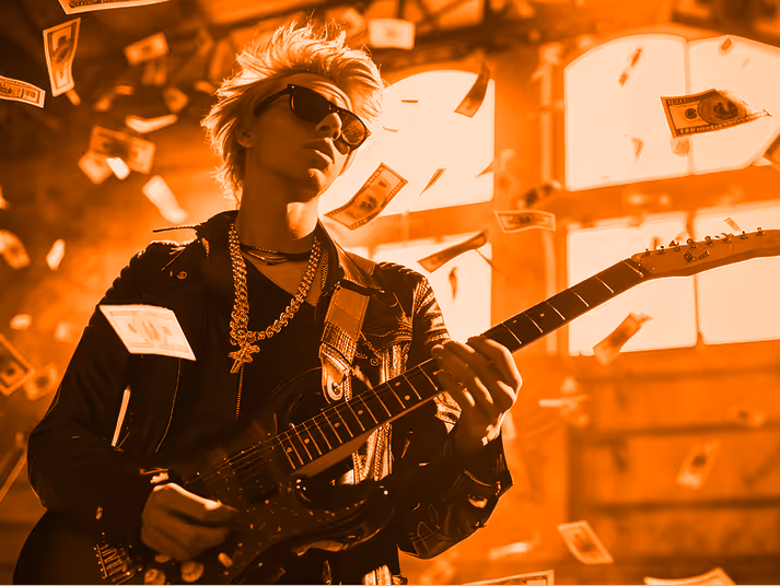 Person wearing sunglasses and chains playing electric guitar surrounded by floating money in an orange-lit room.