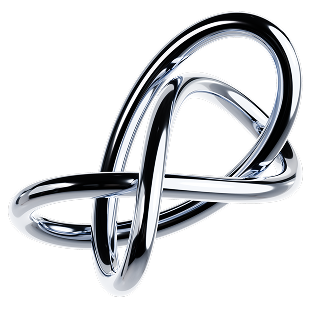 Shiny silver metallic abstract sculpture with smooth, curved intertwined loops on a black background.