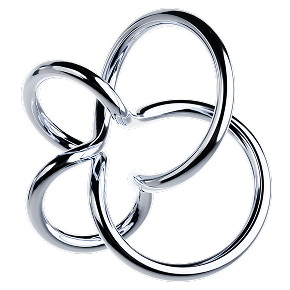 Shiny silver metallic abstract 3D shape with loops and rounded curves on black background.