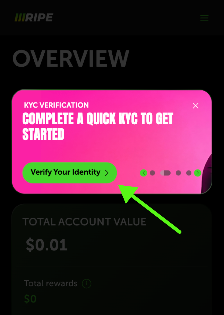 Bright pink notification box with the text 'KYC Verification Complete a quick KYC to get started' and a green button labeled 'Verify Your Identity' with a right arrow.