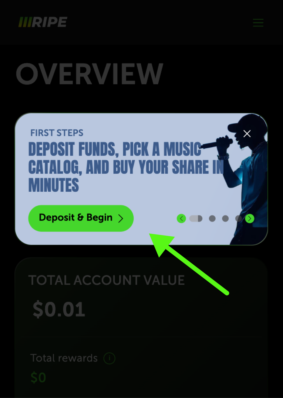Screen prompt showing steps to deposit funds, pick a music catalog, and buy shares, with a green 'Deposit & Begin' button and silhouette of a person singing into a microphone.