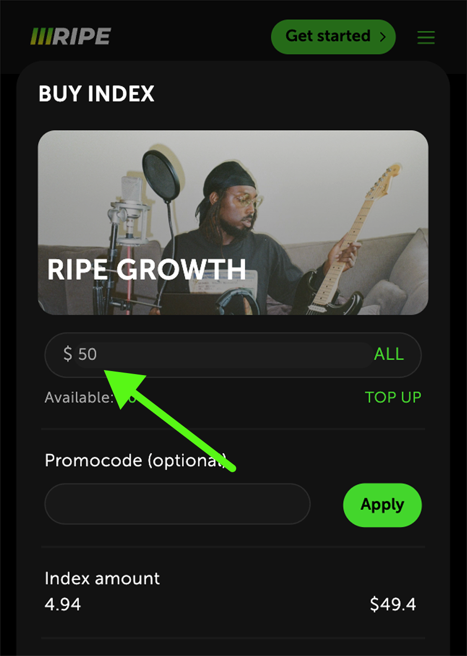 Mobile app screen showing option to buy RIPE Growth index with $50 entered, option to apply promo code, and index amount displayed.