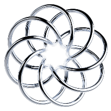 Silver geometric abstract shape composed of interwoven loops forming a circular flower-like pattern on a black background.